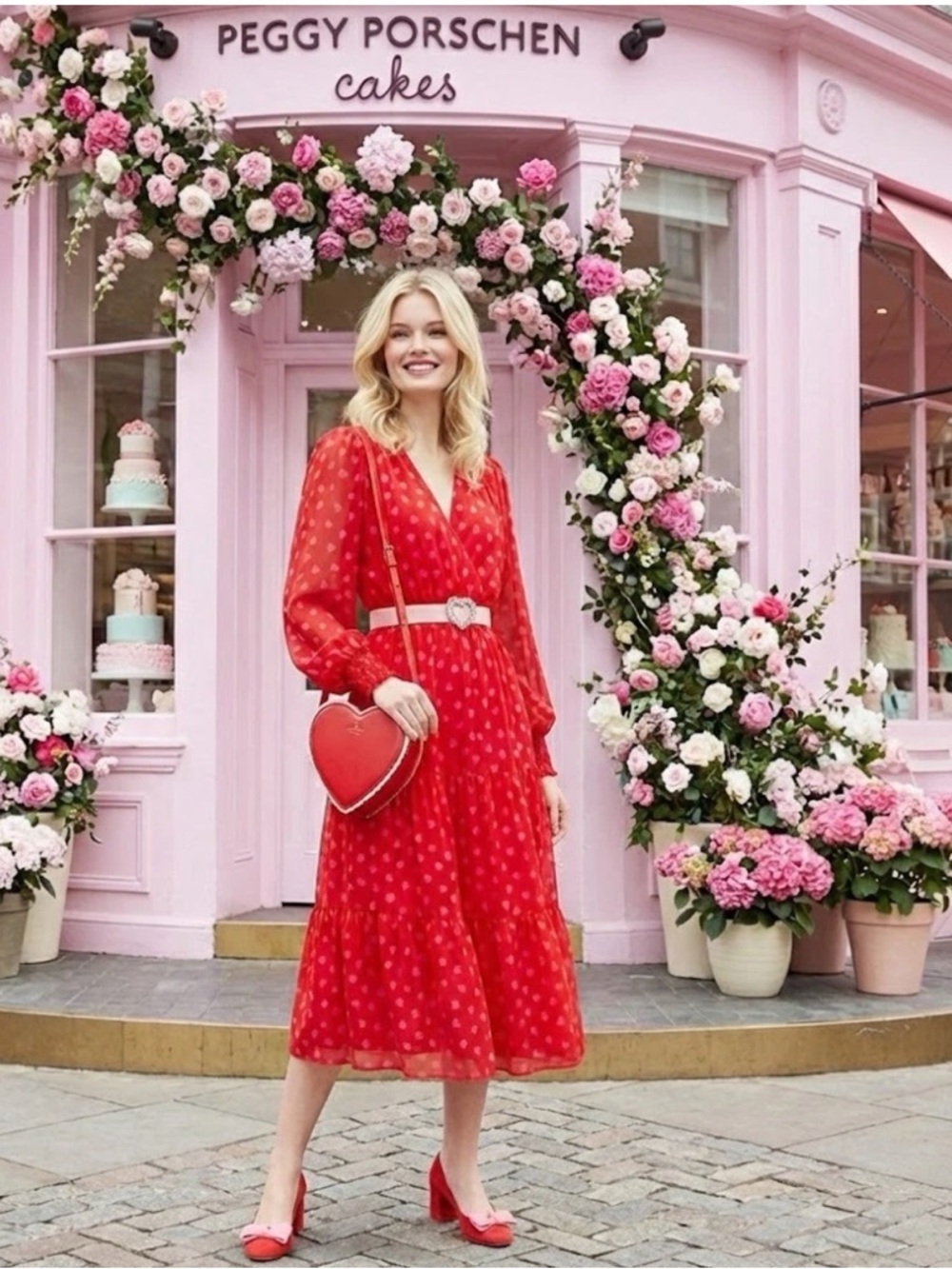 kate spade Red Long-Sleeve Heartbeat Silk  Midi Dress - Picture 2 of 16